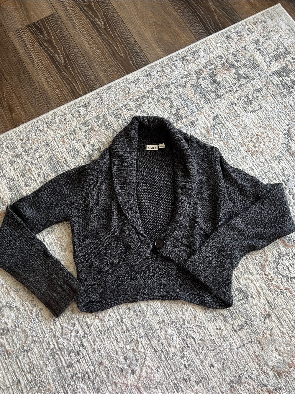 Large CATO Charcoal Shawl-Collar Cropped Single Button Cardigan